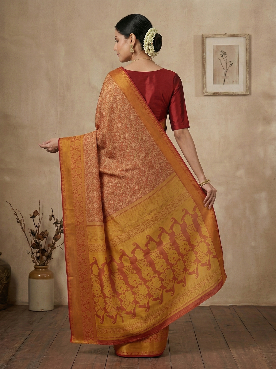Burnt Orange Dharmavaram Inspired Semi Silk Saree with Wide Wide Contrast Border