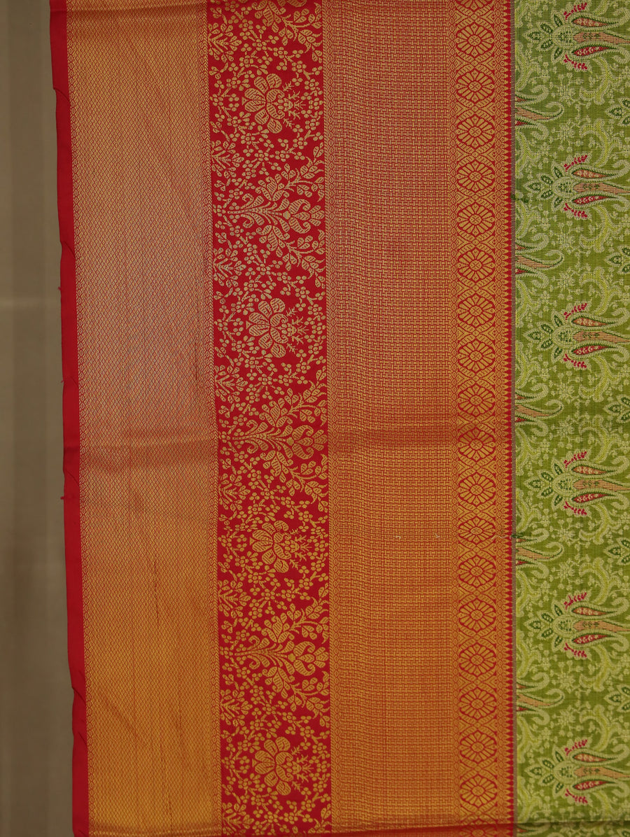 Lime Green Kanchipuram Inspired Semi Silk Saree with Wide Wide Contrast Border
