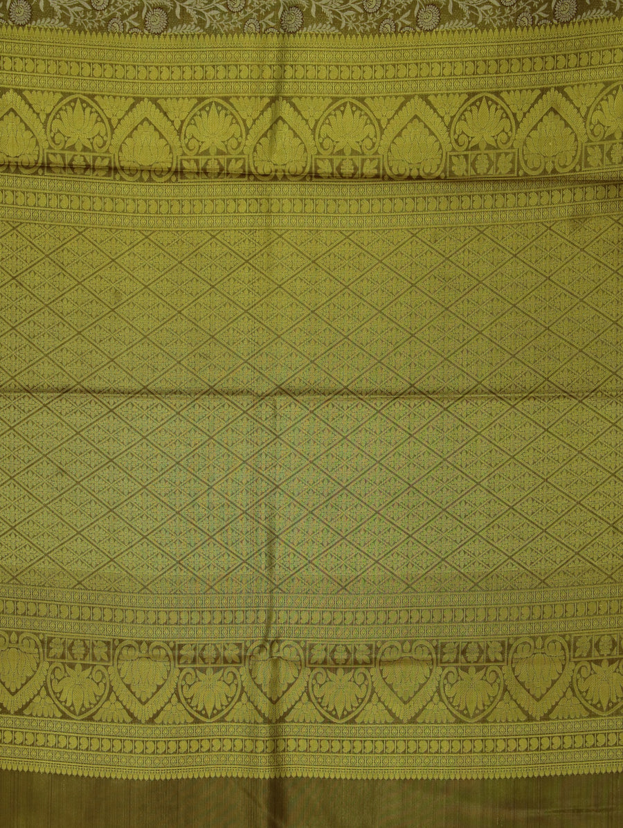 Olive Green Kanchipuram Inspired Semi Silk Saree with Medium Medium Contrast Border