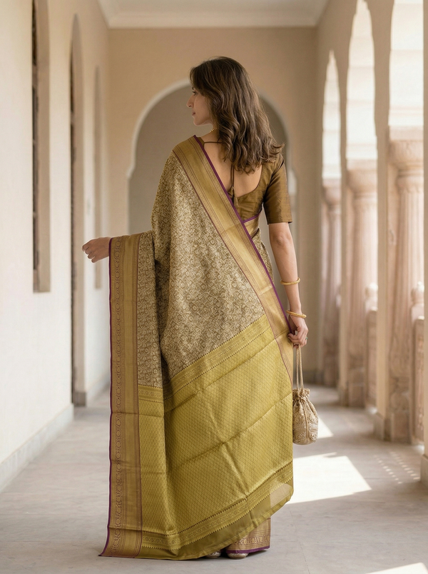 Antique Gold Kanchipuram Inspired Semi Silk Saree with Medium Medium Contrast Border