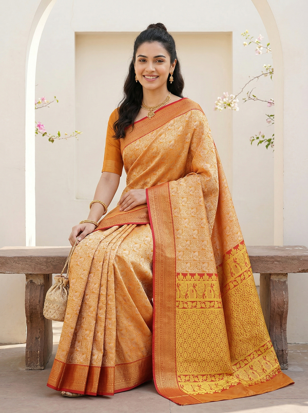 Sunset Gold Dharmavaram Inspired Semi Silk Saree with Wide Wide Contrast Border