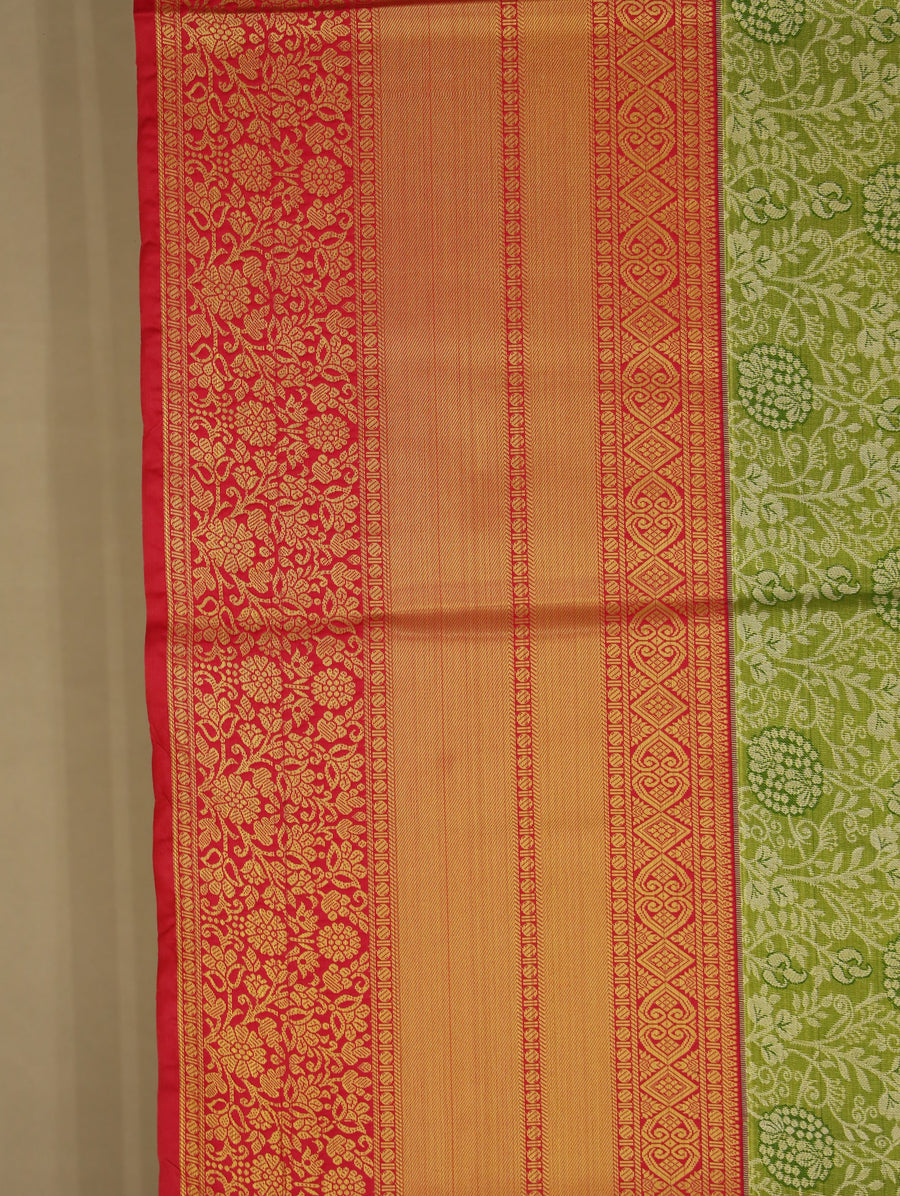 Sage Green Kanchipuram Inspired Semi Silk Saree with Wide Wide Contrast Border