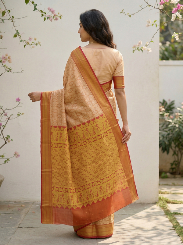 Champagne Gold Dharmavaram Inspired Semi Silk Saree with Wide Wide Contrast Border
