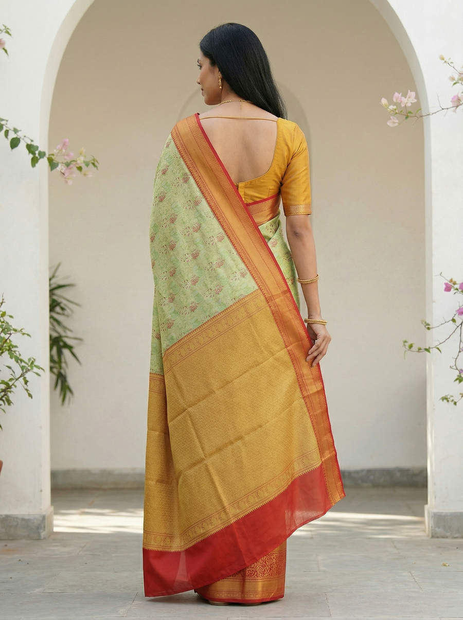 Mustard Gold Kanchipuram Inspired Semi Silk Saree with Medium Medium Contrast Border