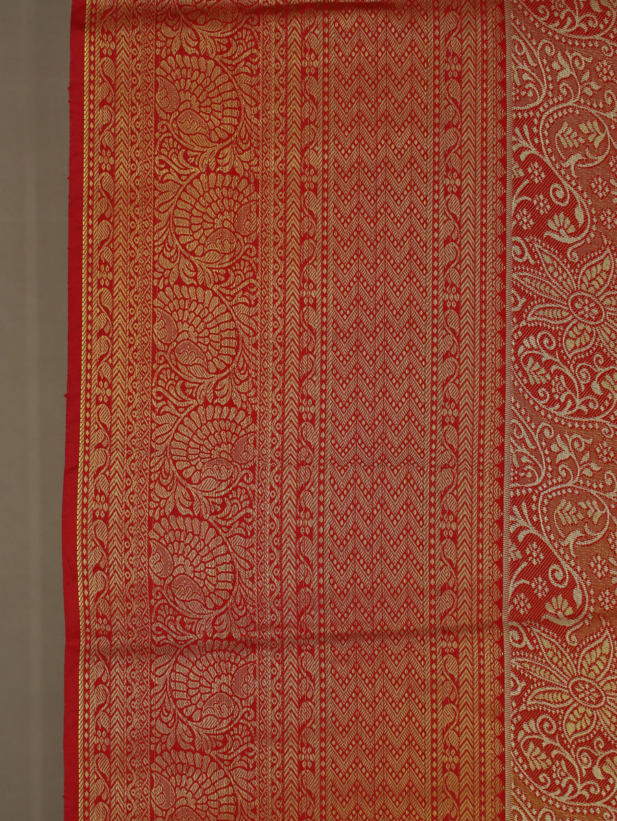Burnt Orange Kanchipuram Inspired Semi Silk Saree with Wide Wide Contrast Border