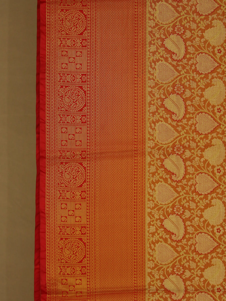 Amber Gold Kanchipuram Inspired Semi Silk Saree with Medium Medium Contrast Border
