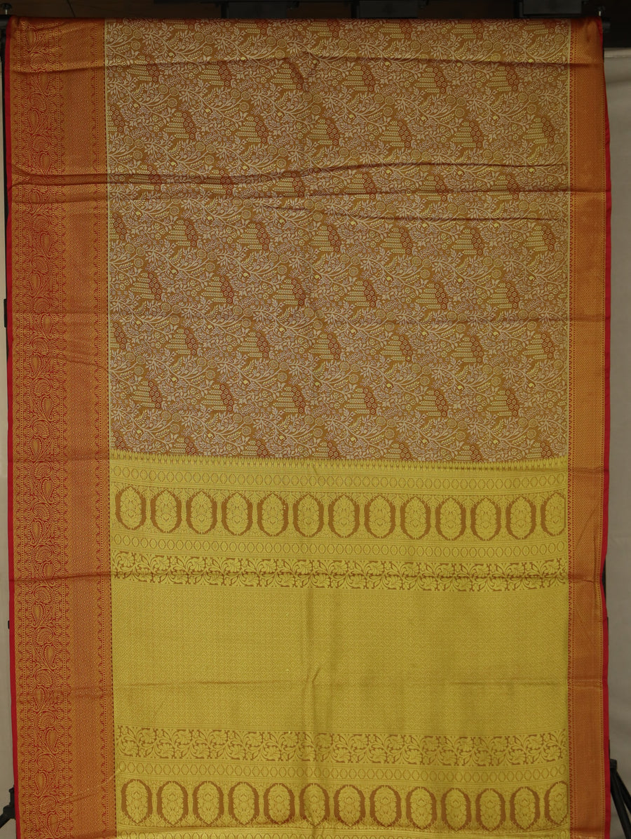 Saffron Gold Kanchipuram Inspired Semi Silk Saree with Wide Wide Contrast Border