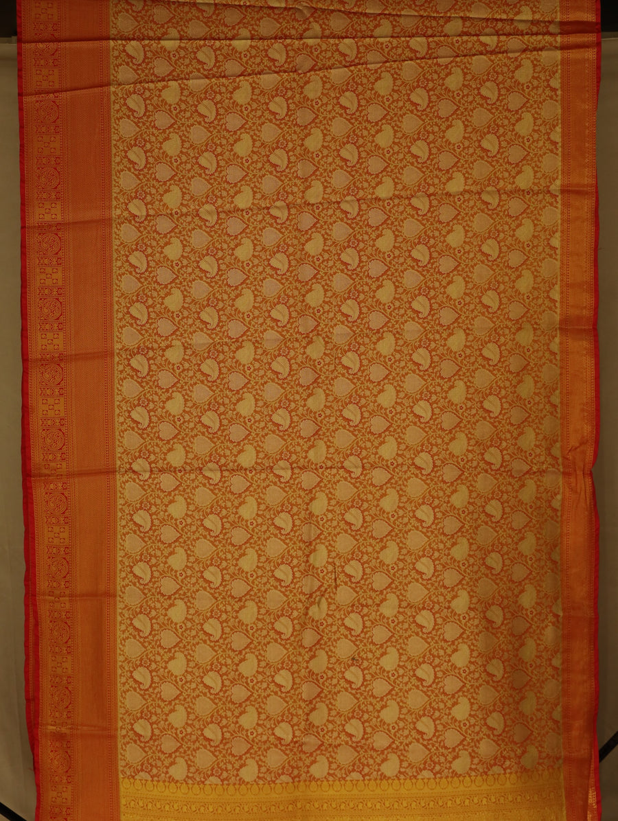Amber Gold Kanchipuram Inspired Semi Silk Saree with Medium Medium Contrast Border