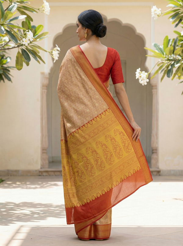 Champagne Gold Dharmavaram Inspired Semi Silk Saree with Medium Medium Contrast Border