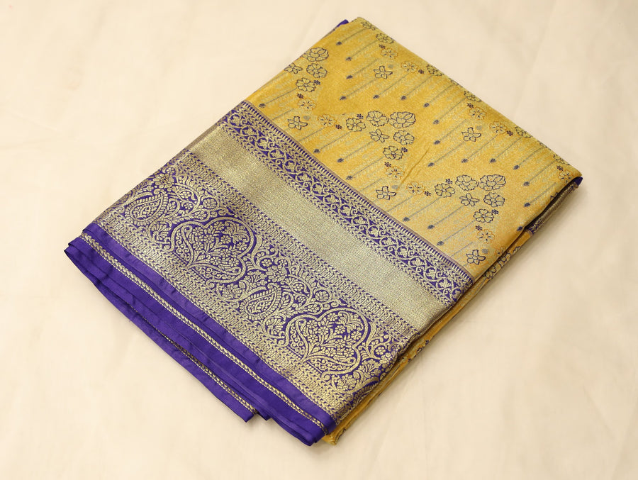 Golden Mustard Kanchipuram Inspired Semi Silk Saree with Wide Wide Contrast Border