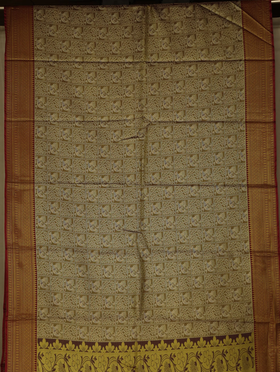 Champagne Gold Kanchipuram Inspired Semi Silk Saree with Wide Wide Contrast Border