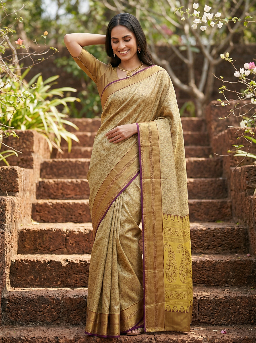 Antique Gold Mysore Inspired Semi Silk Saree with Medium Medium Contrast Border