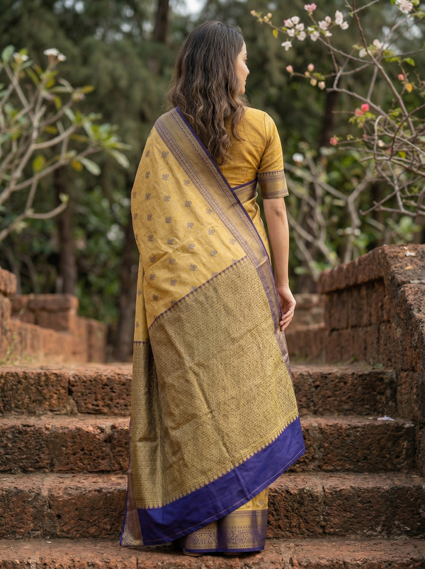 Sunshine Yellow Uppada Inspired Semi Silk Saree with Medium Medium Contrast Border