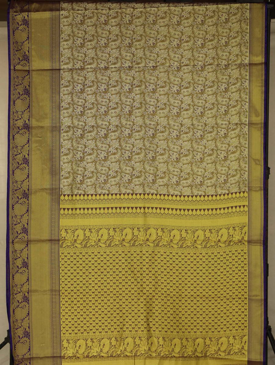 Champagne Gold Kanchipuram Inspired Semi Silk Saree with Wide Wide Contrast Border