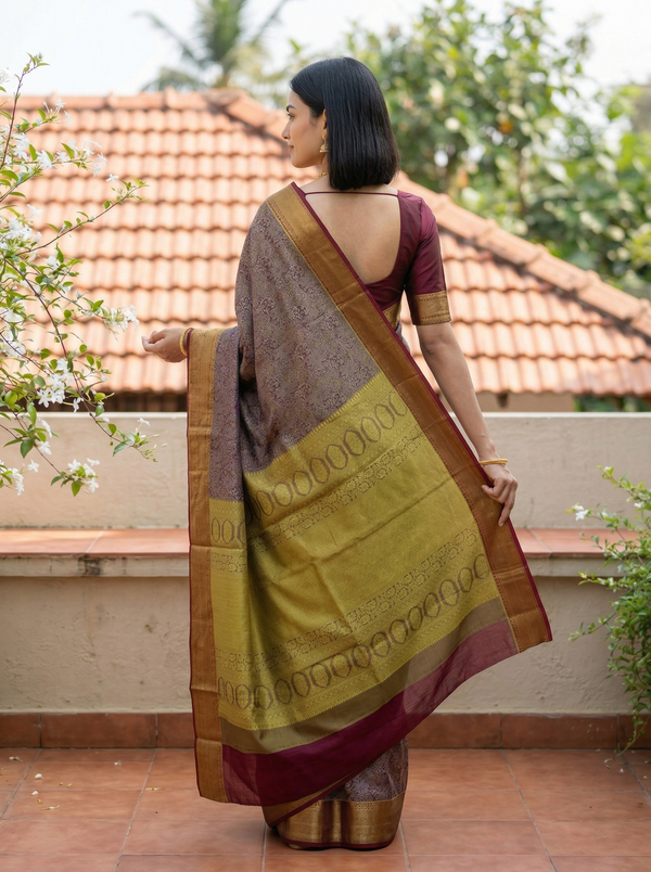Aubergine Purple Kanchipuram Inspired Semi Silk Saree with Wide Wide Contrast Border