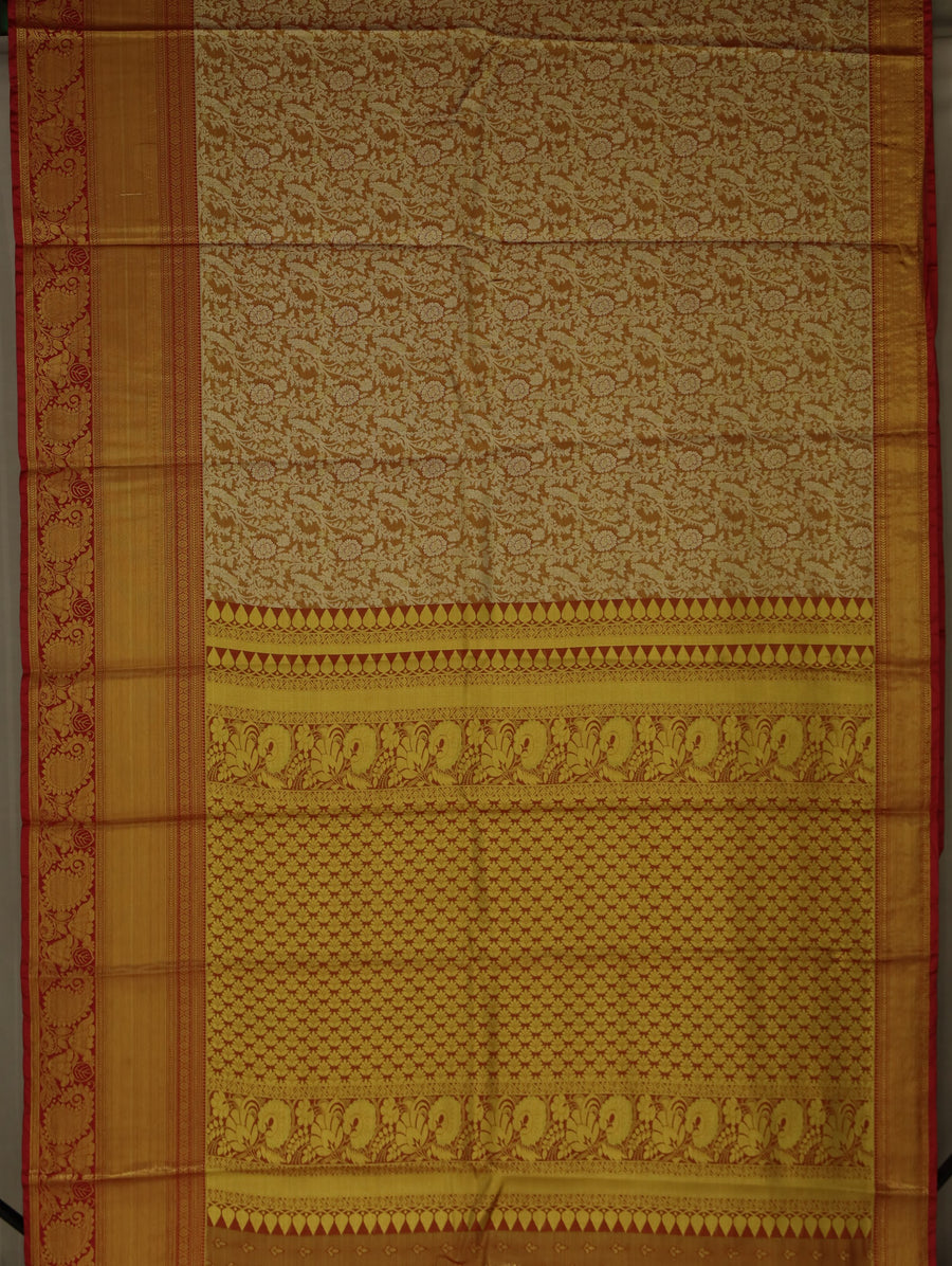 Champagne Gold Kanchipuram Inspired Semi Silk Saree with Wide Wide Contrast Border