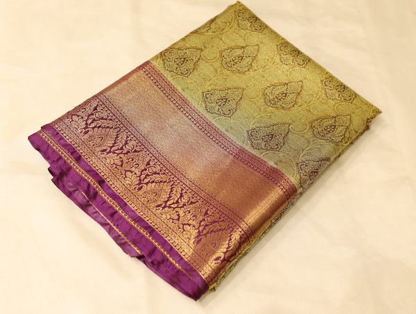 Champagne Gold Kanchipuram Inspired Semi Silk Saree with Wide Wide Contrast Border