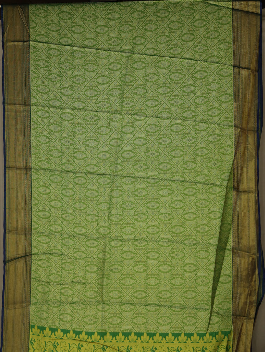 Spring Leaf Green Kanchipuram Inspired Semi Silk Saree with Wide Wide Contrast Border