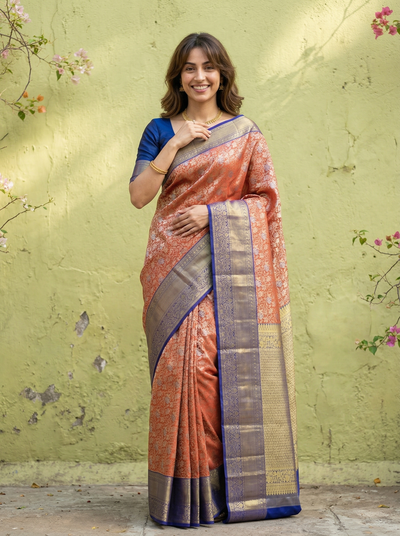 Burnt Orange Kanchipuram Inspired Semi Silk Saree with Wide Wide Contrast Border