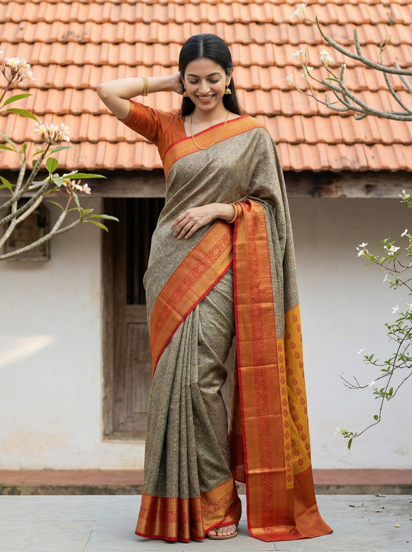 Olive Green Dharmavaram Inspired Semi Silk Saree with Wide Wide Contrast Border