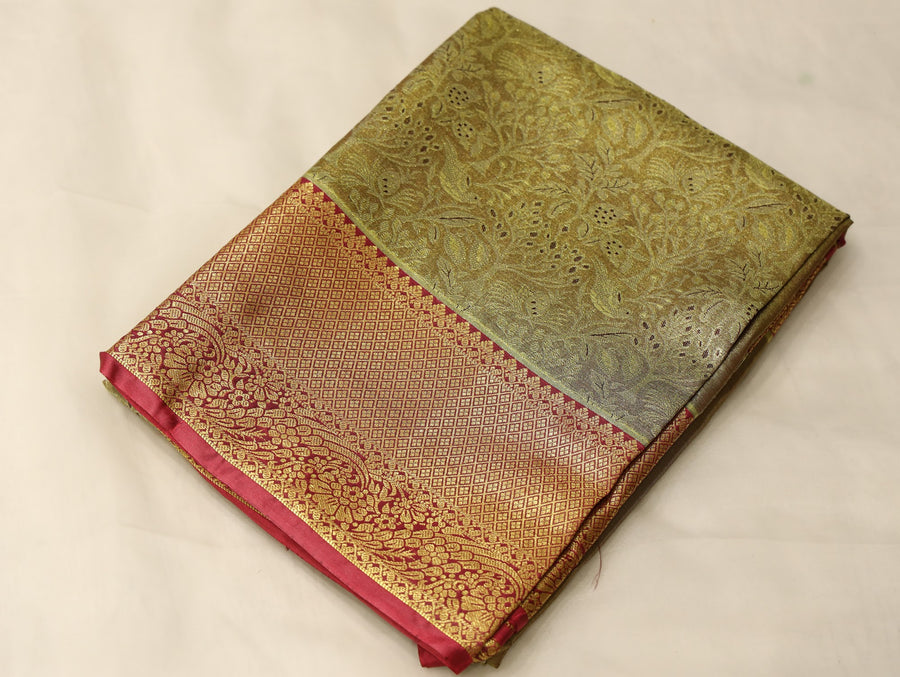 Antique Gold Kanchipuram Inspired Semi Silk Saree with Wide Wide Contrast Border