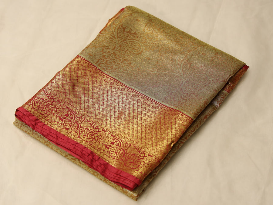 Champagne Gold Dharmavaram Inspired Semi Silk Saree with Wide Wide Contrast Border