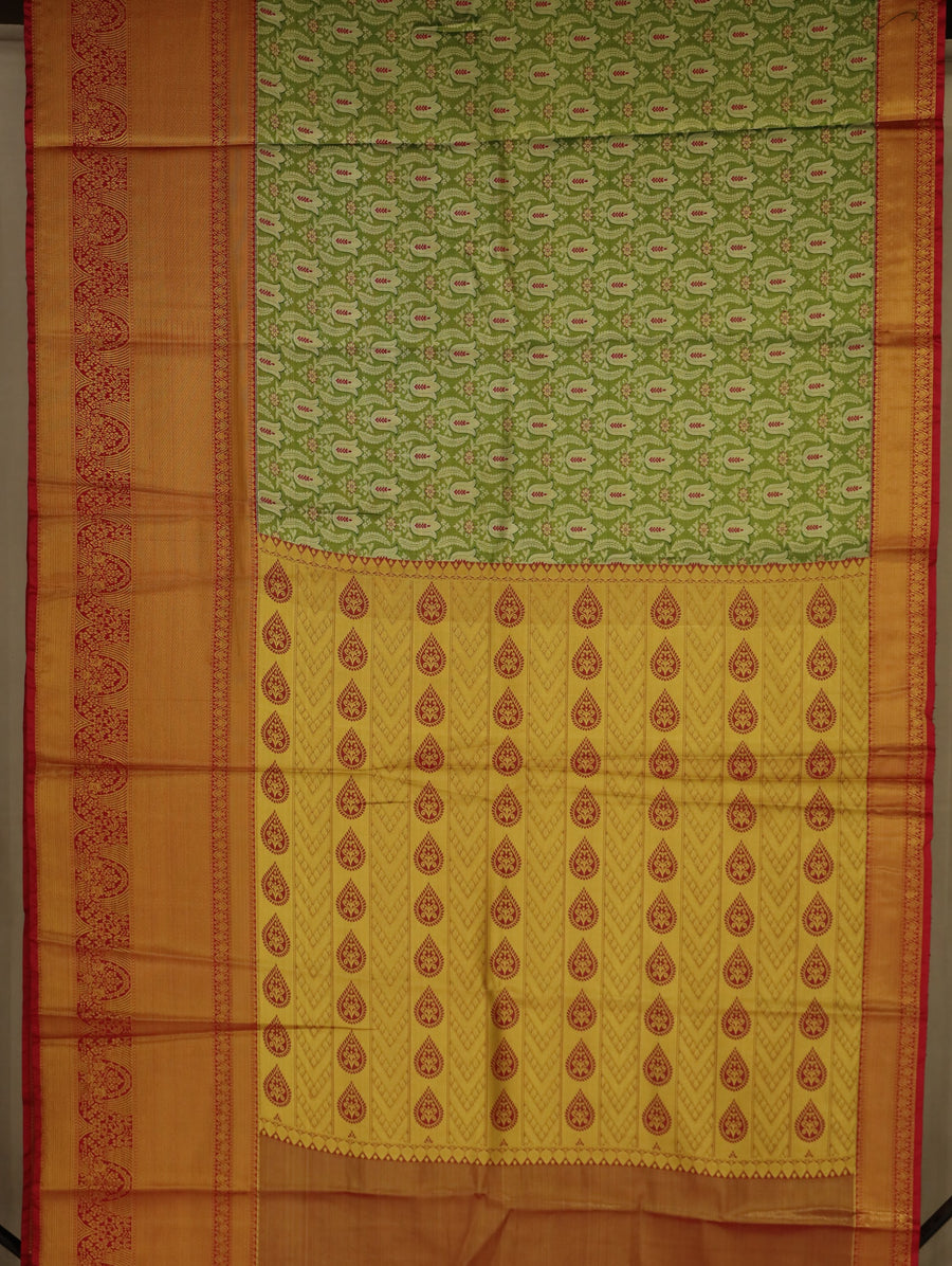 Lime Green Kanchipuram Inspired Semi Silk Saree with Medium Medium Contrast Border