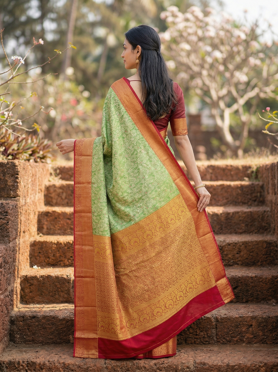 Sage Green Kanchipuram Inspired Semi Silk Saree with Wide Wide Contrast Border