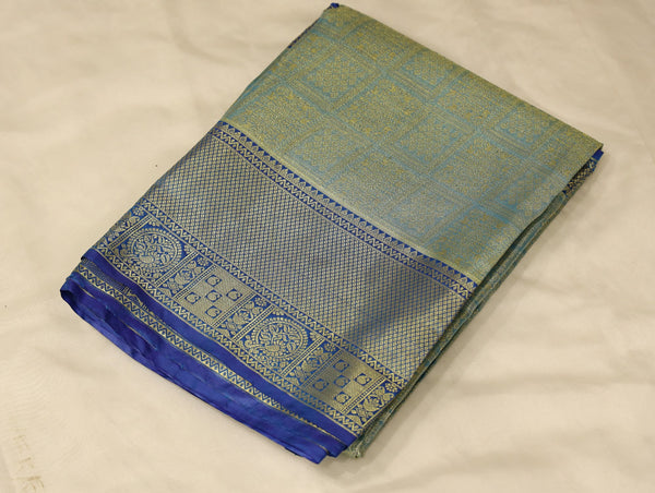 Seafoam Green Kanchipuram Inspired Semi Silk Saree with Medium Medium Contrast Border