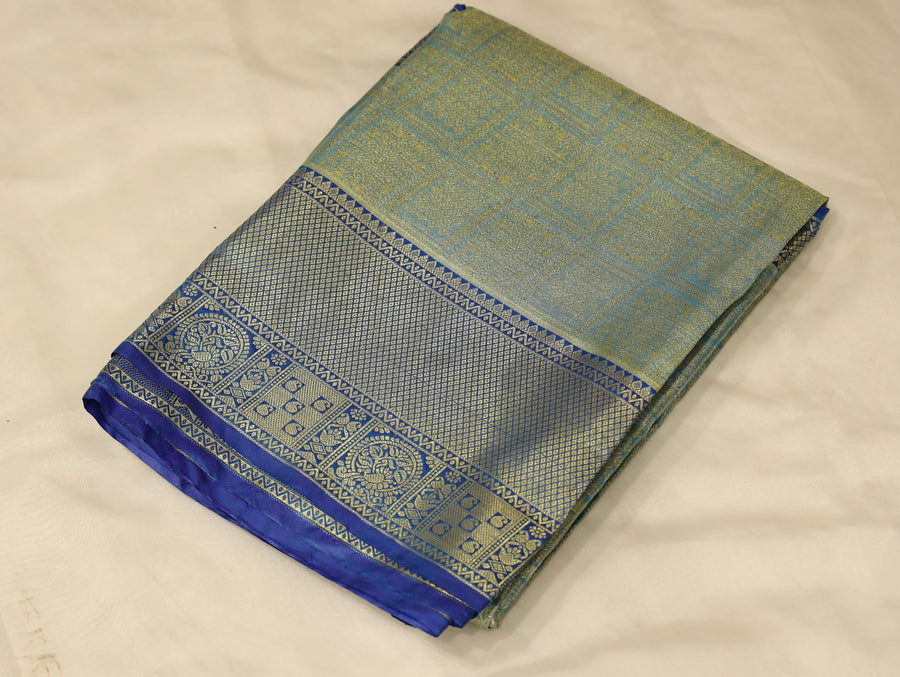 Seafoam Green Kanchipuram Inspired Semi Silk Saree with Medium Medium Contrast Border