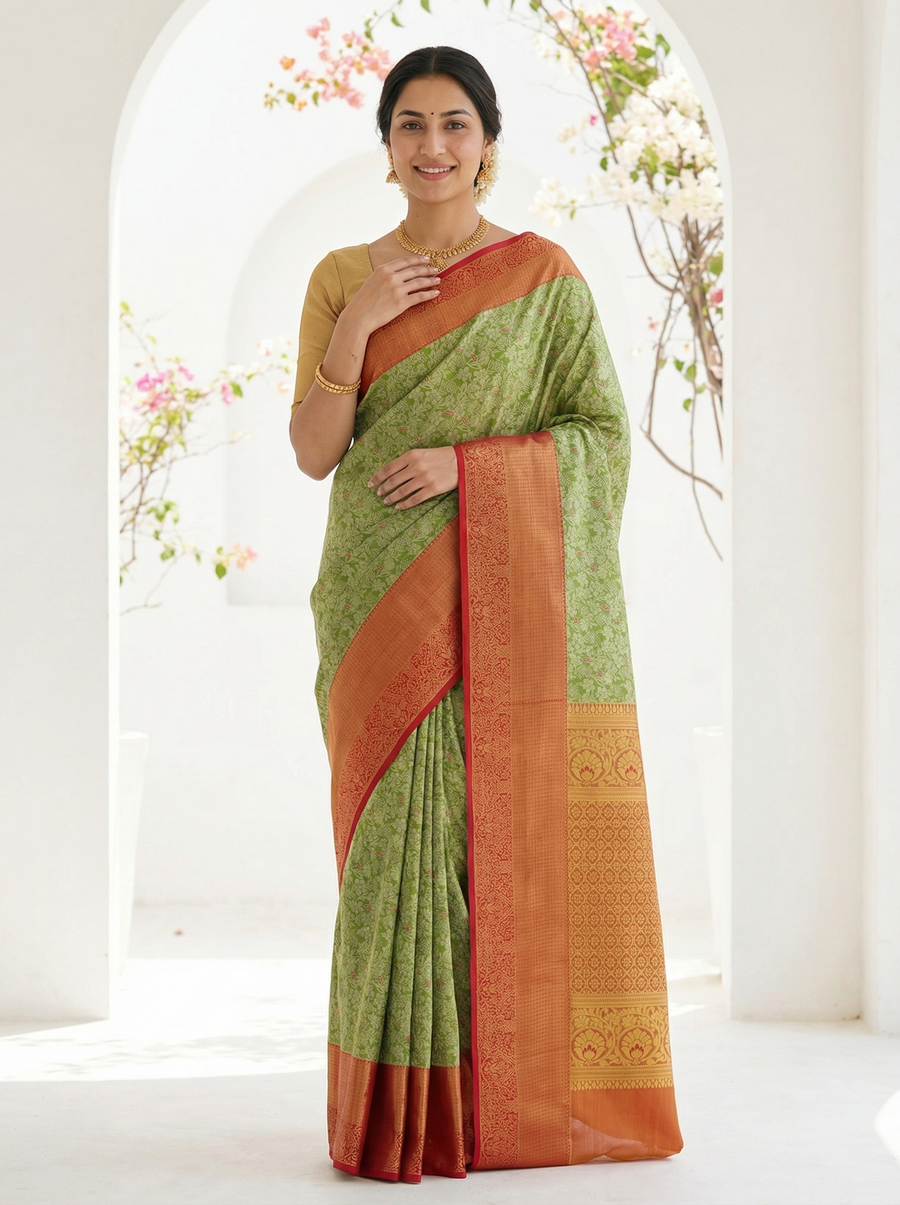 Olive Green Kanchipuram Inspired Semi Silk Saree with Wide Wide Contrast Border