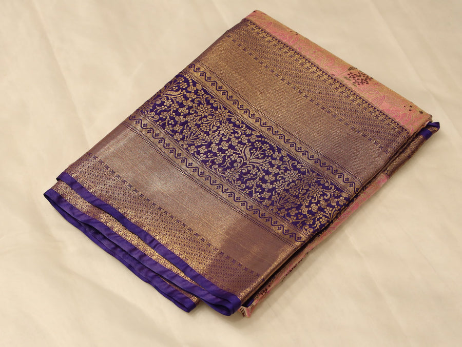 Dusty Rose Kanchipuram Inspired Semi Silk Saree with Wide Wide Contrast Border