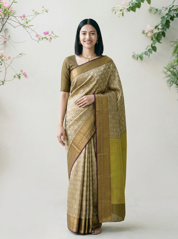 Champagne Gold Kanchipuram Inspired Semi Silk Saree with Wide Wide Contrast Border