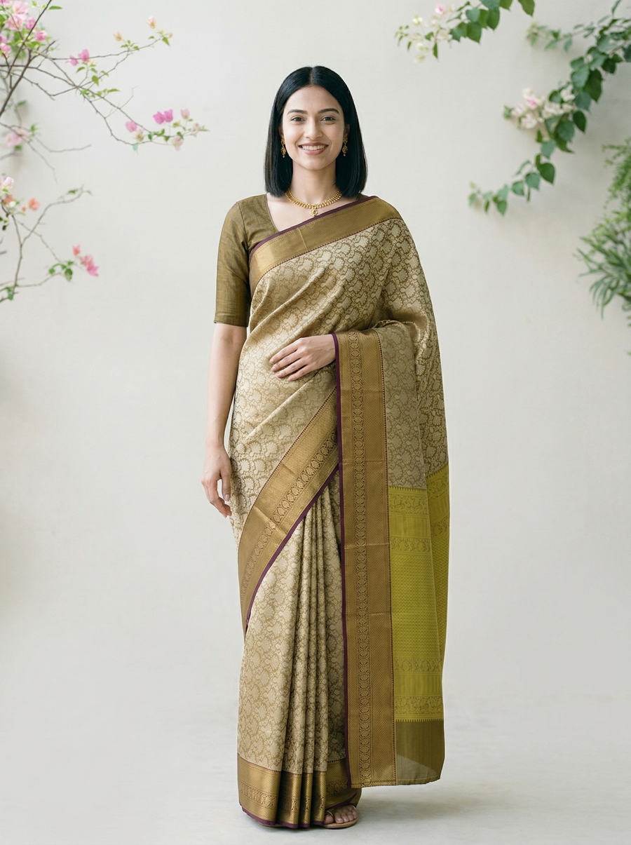 Champagne Gold Kanchipuram Inspired Semi Silk Saree with Wide Wide Contrast Border