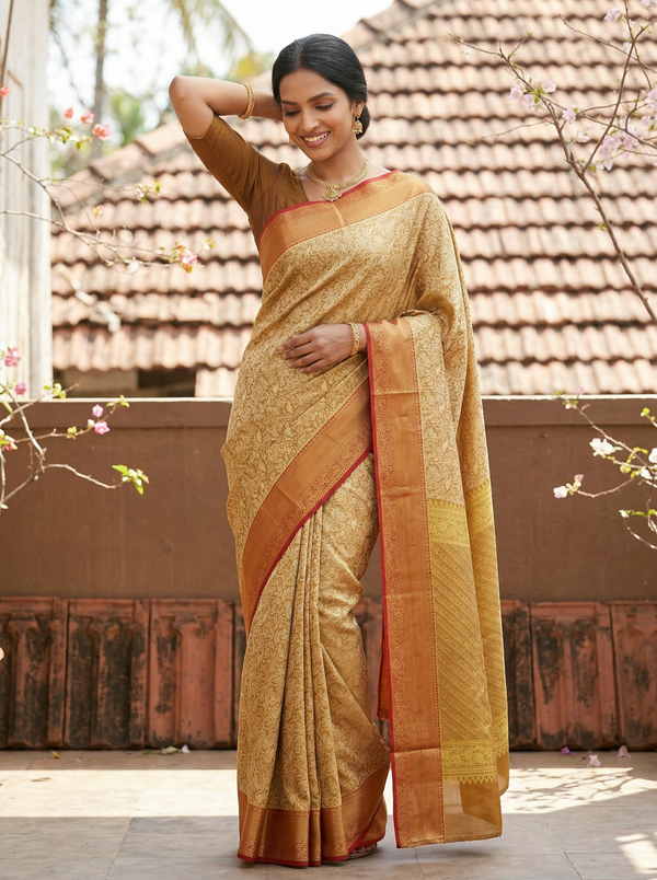 Champagne Gold Kanchipuram Inspired Semi Silk Saree with Wide Wide Contrast Border