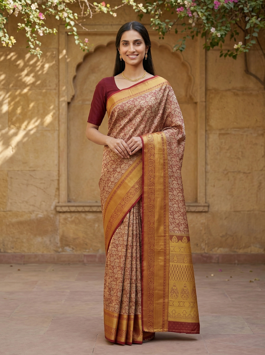 Champagne Gold Kanchipuram Inspired Semi Silk Saree with Wide Wide Contrast Border