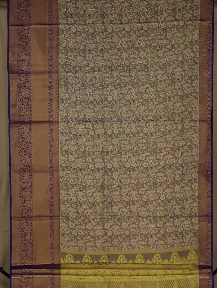Champagne Gold Kanchipuram Inspired Semi Silk Saree with Wide Wide Contrast Border