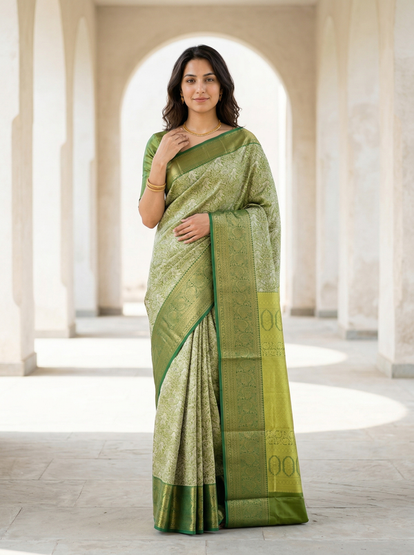 Olive Green Kanchipuram Inspired Semi Silk Saree with Wide Wide Self Border