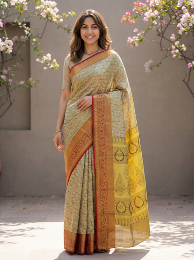 Mustard Yellow Dharmavaram Inspired Semi Silk Saree with Medium Medium Contrast Border