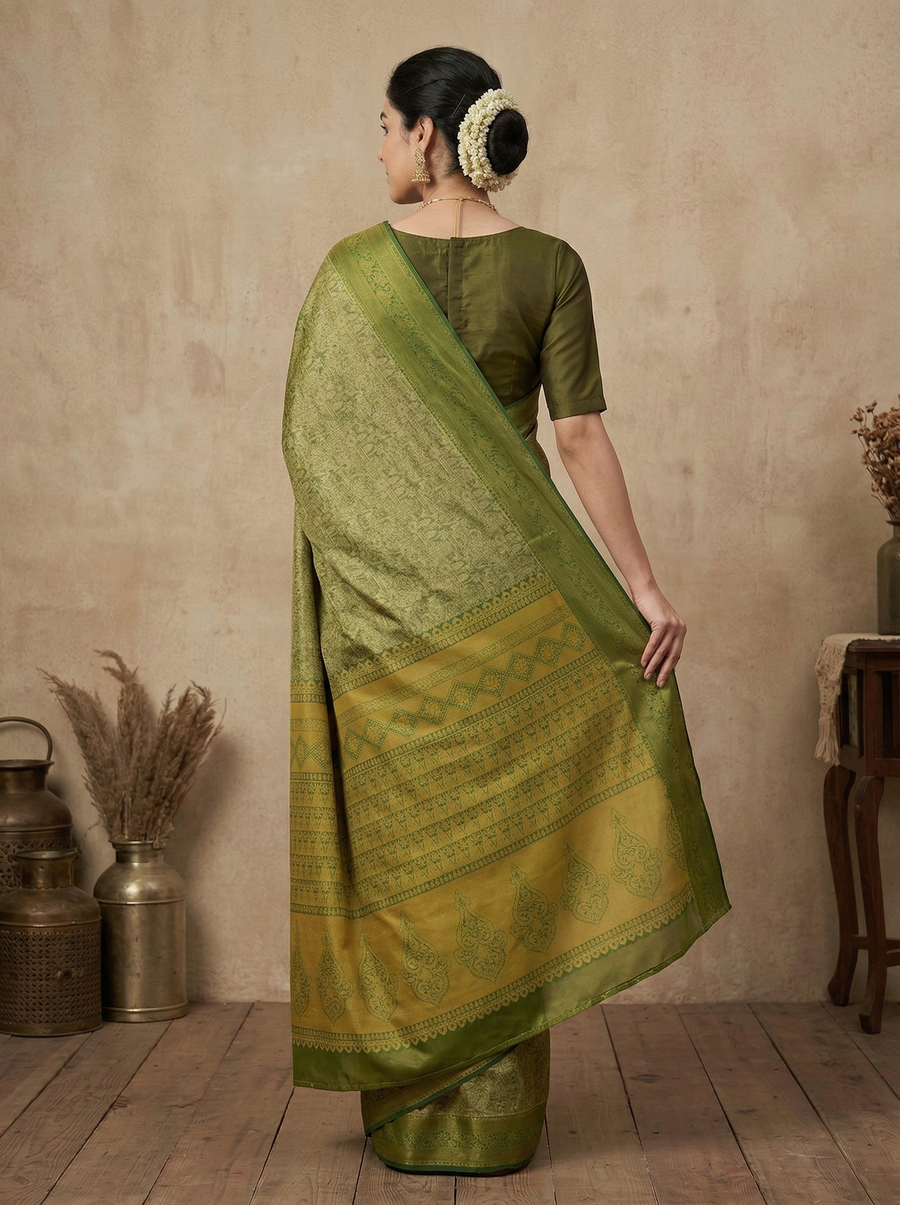 Olive Green Uppada Inspired Semi Silk Saree with Medium Medium Contrast Border