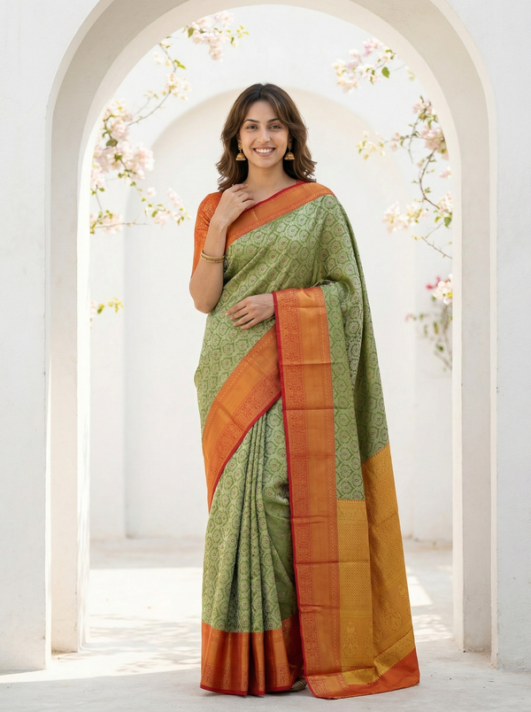 Sage Green Kanchipuram Inspired Semi Silk Saree with Wide Wide Contrast Border