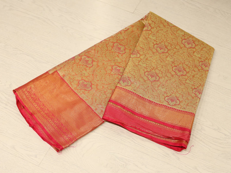 Sunset Gold Dharmavaram Inspired Semi Silk Saree with Medium Medium Contrast Border