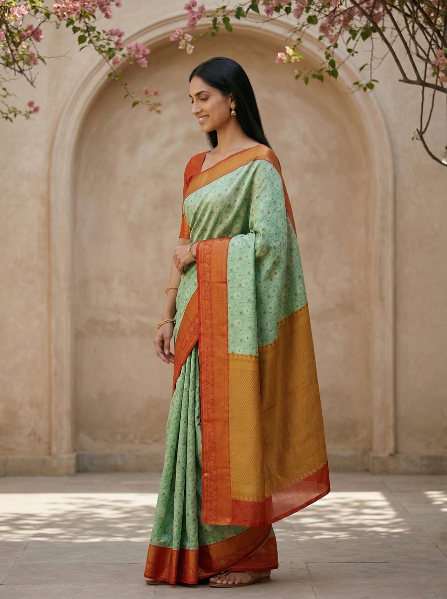 Mint Green Kanchipuram Inspired Semi Silk Saree with Medium Medium Contrast Border