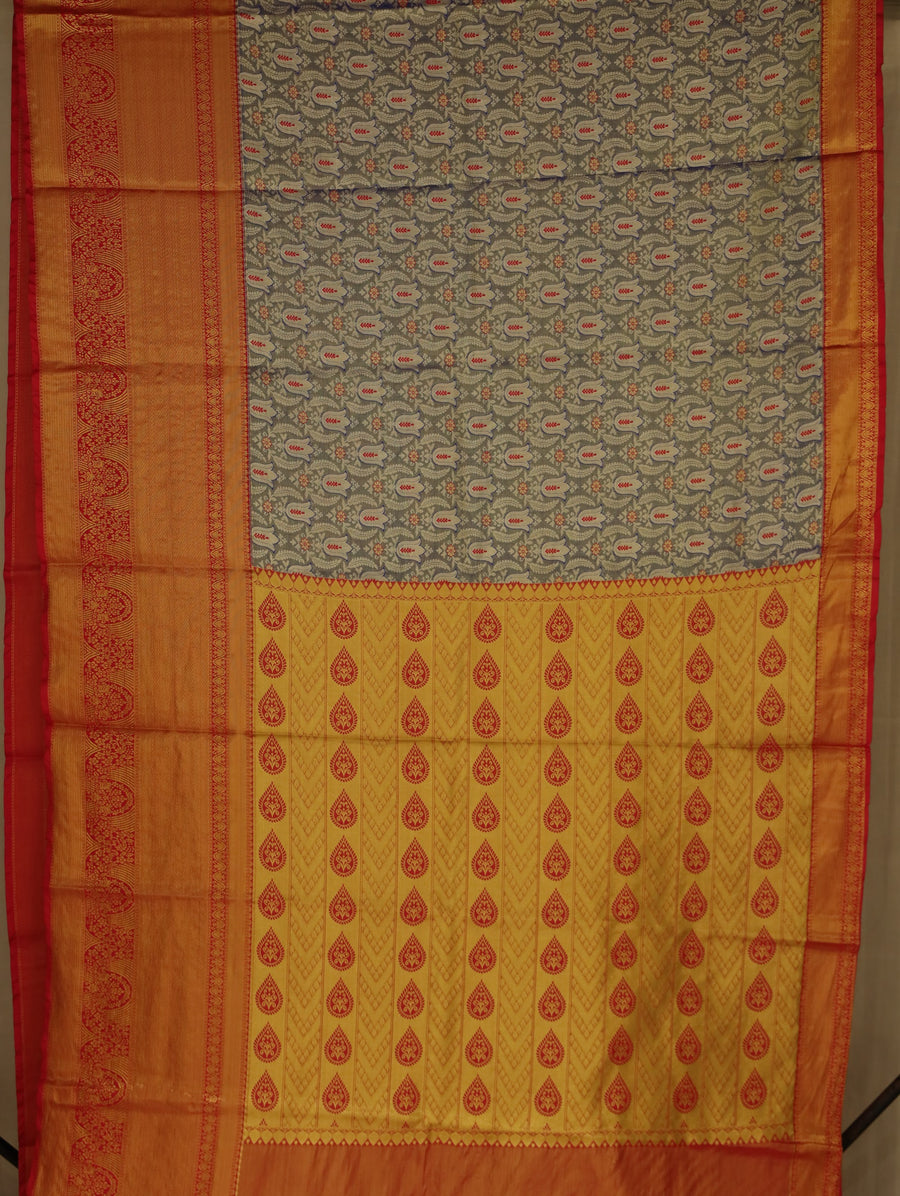 Saffron Yellow Kanchipuram Inspired Semi Silk Saree with Medium Medium Contrast Border