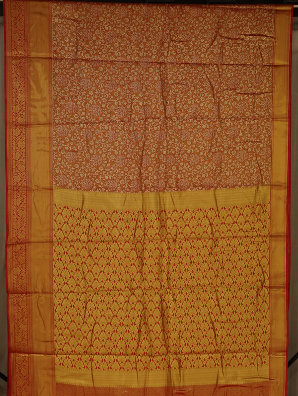 Burnt Orange Dharmavaram Inspired Semi Silk Saree with Wide Wide Contrast Border