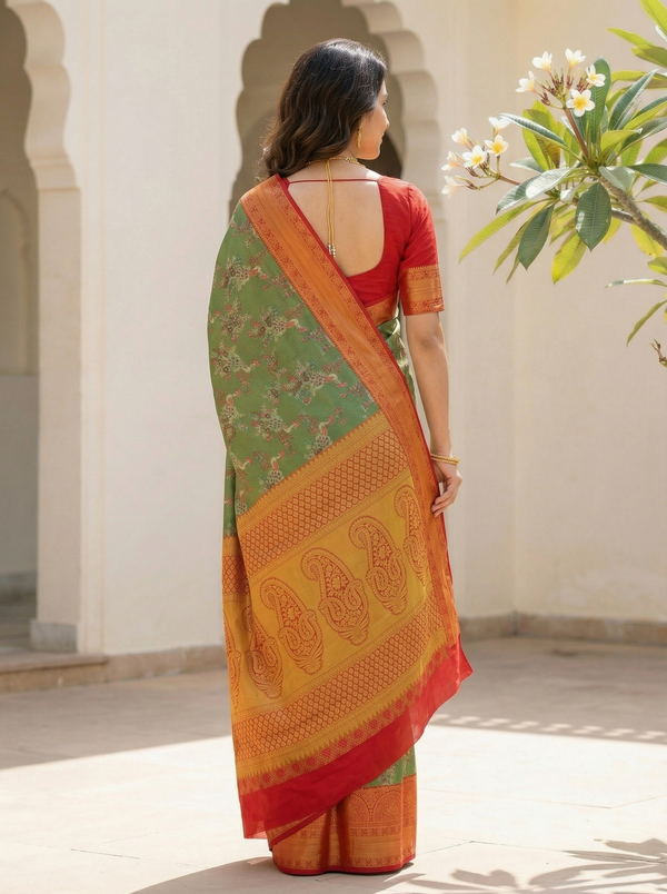Sage Green Kanchipuram Inspired Semi Silk Saree with Wide Wide Contrast Border