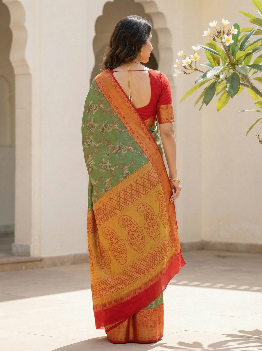 Sage Green Kanchipuram Inspired Semi Silk Saree with Wide Wide Contrast Border