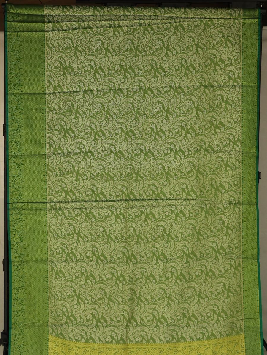 Olive Green Kanchipuram Inspired Semi Silk Saree with Wide Wide Self Border