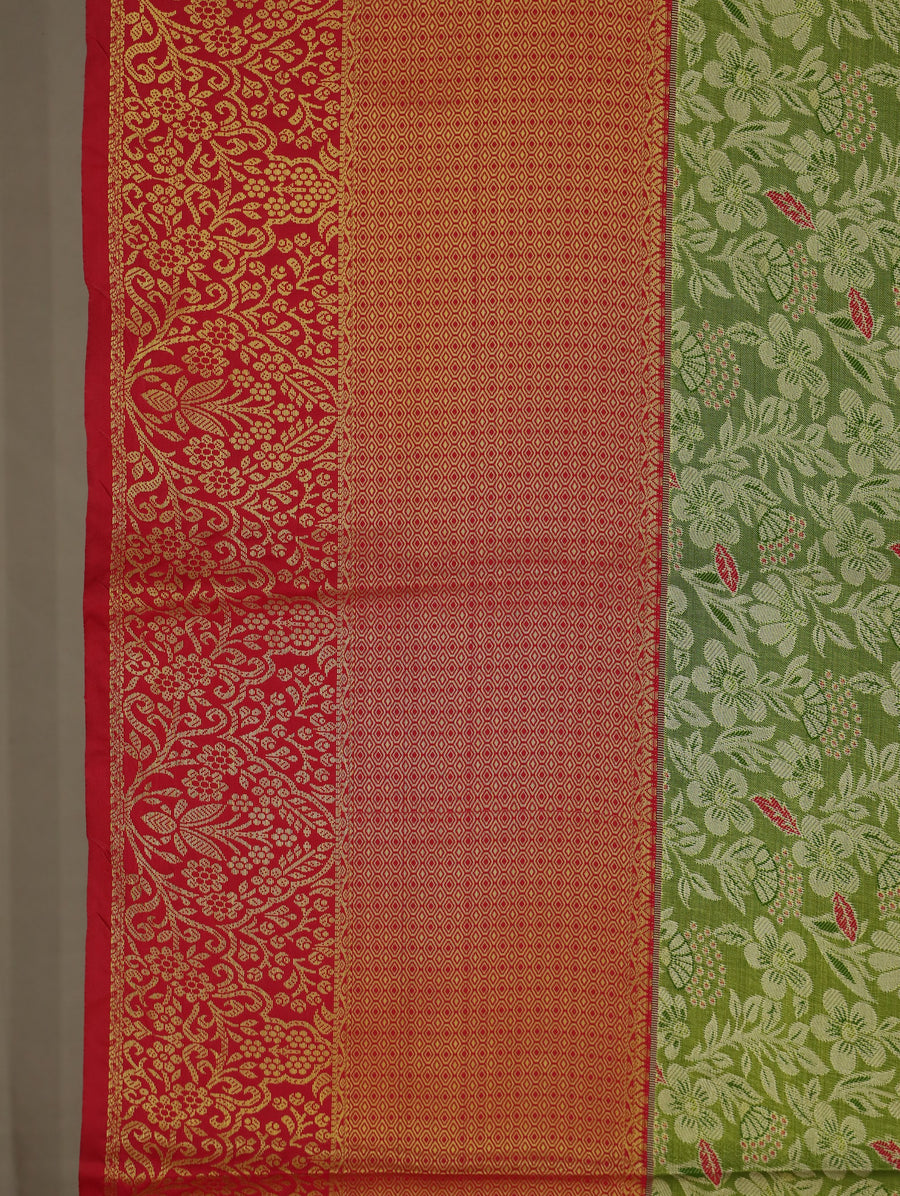 Olive Green Kanchipuram Inspired Semi Silk Saree with Wide Wide Contrast Border