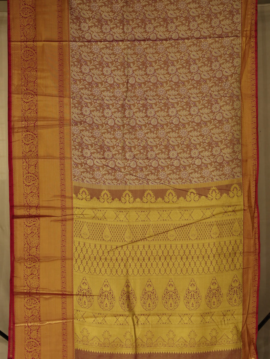 Champagne Gold Kanchipuram Inspired Semi Silk Saree with Wide Wide Contrast Border